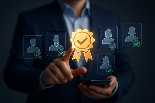 Quality assurance and team member selection with business professional choosing approved candidate from verified employee profiles using virtual check mark and trust certification icon concept