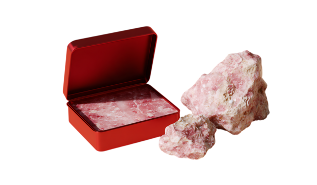 3D rendering of a pink and red paper box with rocks. Mockup template for product presentation, cosmetic mock up.