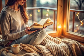 A woman is reading a book in a cozy room with a fireplace and lights
