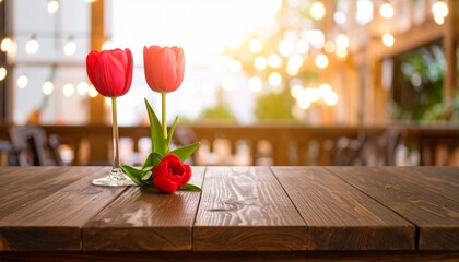 Two red tulips in glass vase and one on wooden table with warm blurry lights in background