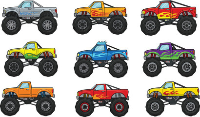Colorful cartoon monster trucks, big wheels, off-road racing cars, extreme vehicle collection, lifted trucks illustration, children’s toy trucks, playful automotive design, vector transport clipart © Rifat Creations
