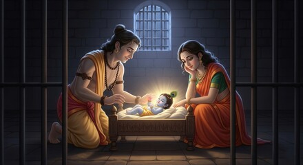 Krishna’s Birth Scene in Jail – Divine Janmashtami Heritage Illustration HD