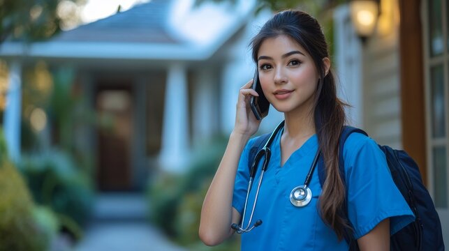 Female doctor getting ready for work, making a phone call as she leaves her house in scrubs with a backpack, highlighting the balance of healthcare work and personal life, Generative AI