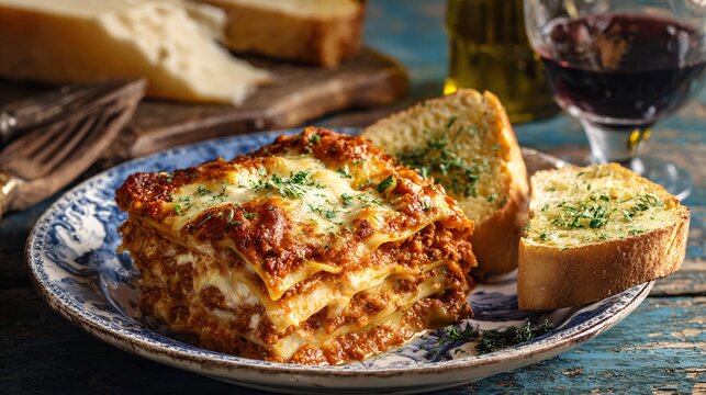 Homemade lasagna with cheese layers served with garlic bread on a rustic table 