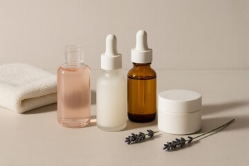 Still life of skincare products with towel and lavender on beige surface