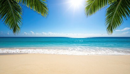 Serene tropical beach scenery with palm fronds framing turquoise ocean view