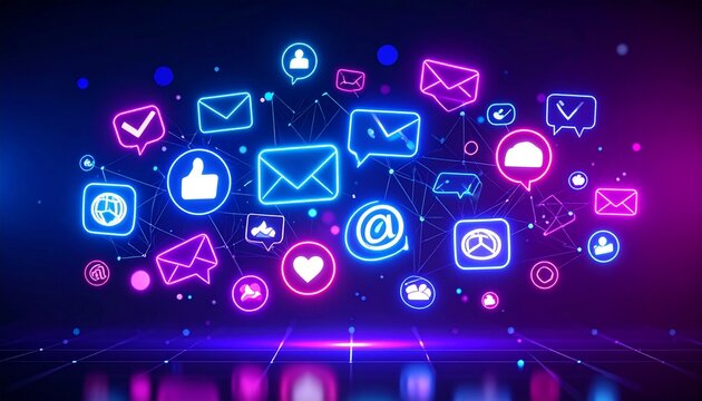 Floating neon social media and digital communication icons on black background - Powered by Adobe