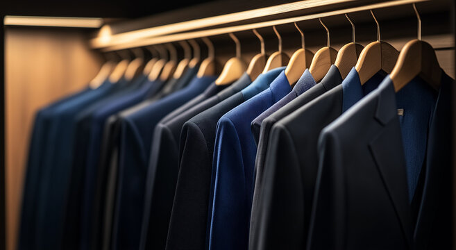 Um arm&aacute;rio bem organizado, repleto de ternos e camisas de alta qualidade, pendurados com capricho em cabides de madeira. Esta imagem destaca moda, organiza&ccedil;&atilde;o e luxo