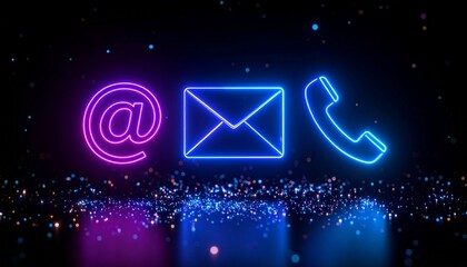 Neon envelope, at-sign, and phone handset icons glowing on black background