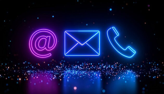 Neon envelope, at-sign, and phone handset icons glowing on black background