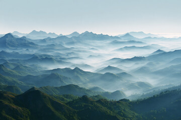 Layers of Mountains in a Colorful Sunrise Mist