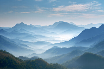 Obraz premium Layers of Mountains in a Colorful Sunrise Mist