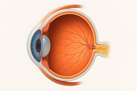 Detailed medical illustration of human eye anatomy cross section, optical organ structure showing retina, cornea, lens, optic nerve, vascular system, educational biology diagram, ophthalmology researc