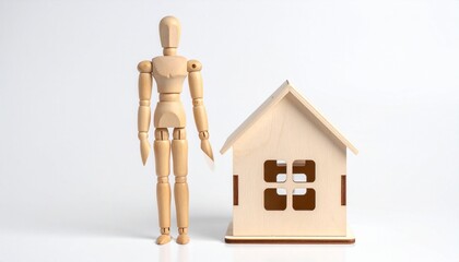Articulated wooden mannequin beside house model, representing decision-making and personal direction