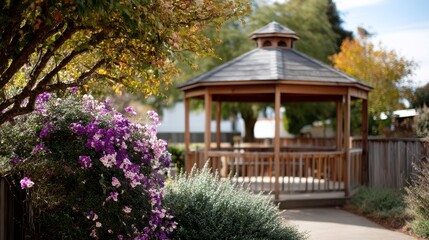 Fototapeta premium Serene Gazebo in Garden Oasis with Purple Flowers and Lush Greenery