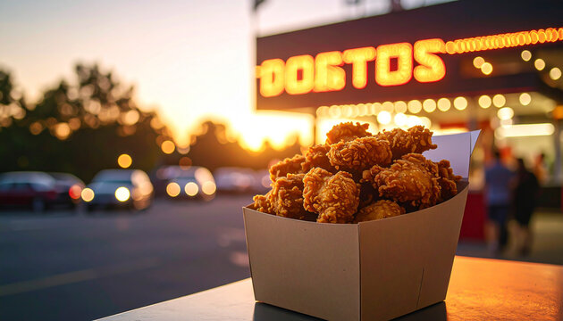 Crispy fried chicken in a cardboard container with a sunset background, food concept