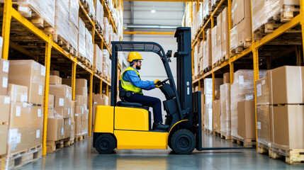 Factory worker, Forklift operator moving pallets in a warehouse setting captured in high-resolution 4K.