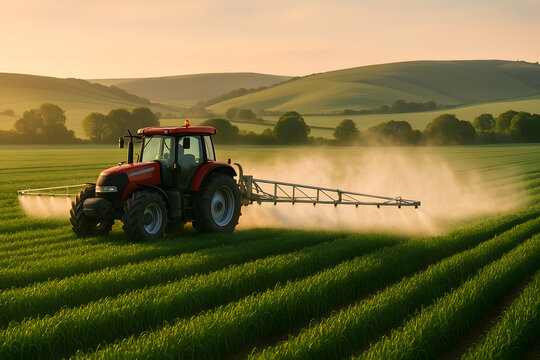 Red agricultural tractor spraying crops in lush green field at sunrise, modern farming machinery fertilizing farmland, sustainable agriculture technology, rural countryside landscape, precision farmin