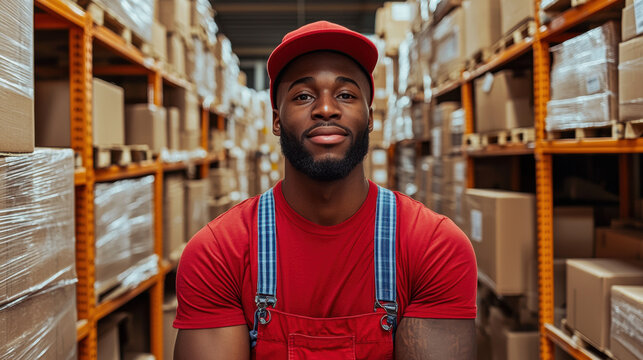 Factory worker, Warehouse worker lifting boxes with proper posture in a stock image for safety and industrial use.
