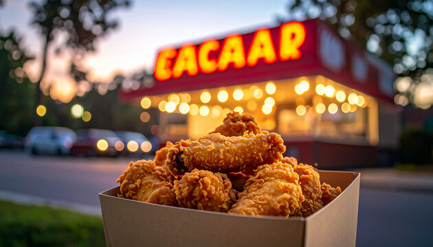 Crispy fried chicken served in a cardboard box with a restaurant in the background at dusk