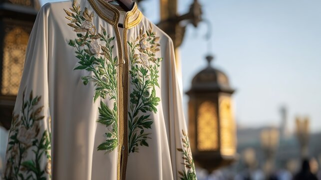 White thobe with green and gold embroidery, soft light highlighting textures amid festive lanterns.