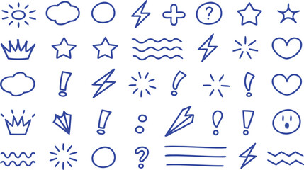 Obraz premium Collection of blue hand drawn doodle icons on white background sun cloud star lightning bolt circle plus sign