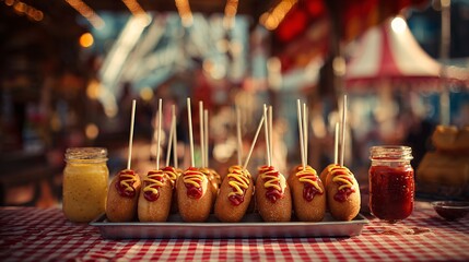 Mini corn dogs on skewers with ketchup and mustard on a fairground-style table 