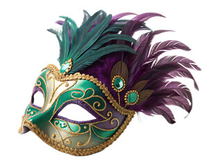 A close up of a vibrant mardi gras mask with feathers and gold detailing on a black background