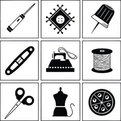 Black and white icons of sewing and tailoring tools and supplies needle thread
