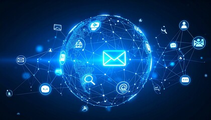 Glowing blue sphere with digital icons and network lines on dark background