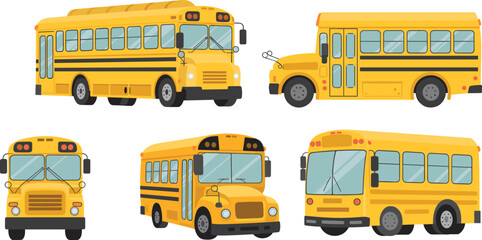 Yellow school bus collection, cartoon vehicle set, transportation illustration, front and side view, isolated vector design, kids transport, educational commute