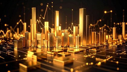 Golden skyscraper-like bars forming futuristic cityscape with digital network overlay