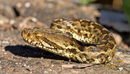 Obraz premium Detailed Portrait of a European Adder Coiled on Stone Ground in Natural Light
