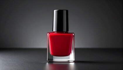 Red nail polish bottle with black cap, spotlighted against gray gradient backdrop