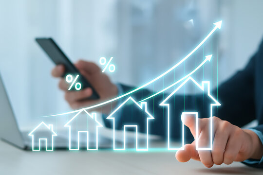 Property market trends analysis showing increasing housing prices and interest rate percentages with digital graph overlay