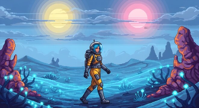 Pixel art female astronaut walking across a glowing alien desert with twin suns

