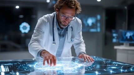 Doctor using holographic display in futuristic clinic setting