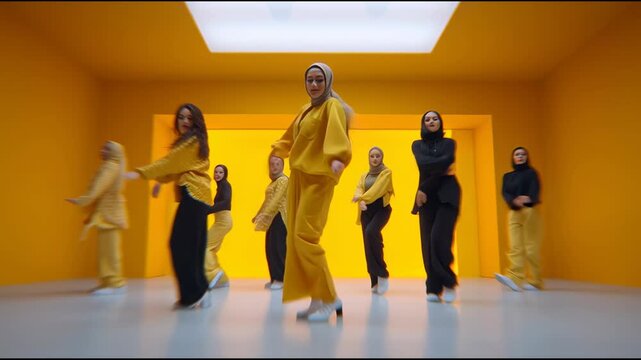 A group of Arabic women in modern attire dance rhythmically to traditional music in a stylish, minimalist studio; fast-paced, dynamic camera work with quick cuts and close-ups, emphasizing the energy 