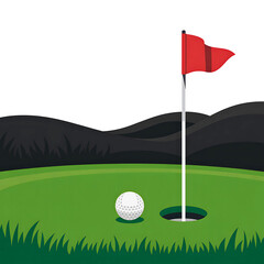Obraz premium A golf ball rests on the green near the hole with a red flag on a golf course isolated on transparent background