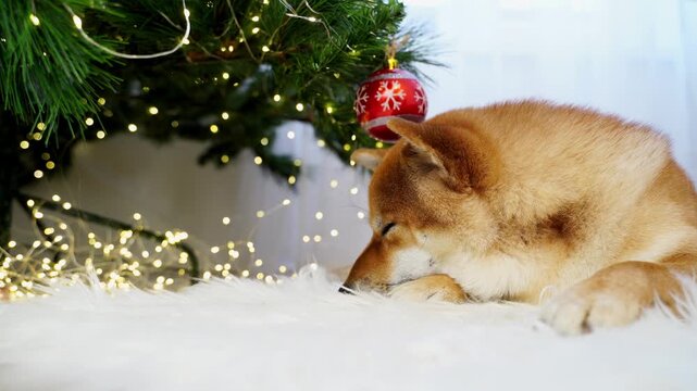 Sabaka Shiba Inu at the Christmas or Christmas Tree