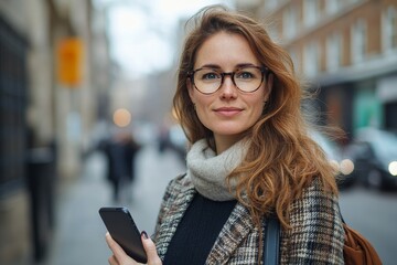 Portrait of a businesswoman commuter on her way to work with a bike, using a smartphone, promoting sustainable commuting and an eco-friendly lifestyle, Generative AI