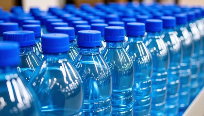 Close-up of stacked plastic water bottles with blue caps, filled with clear liquid on store shelf