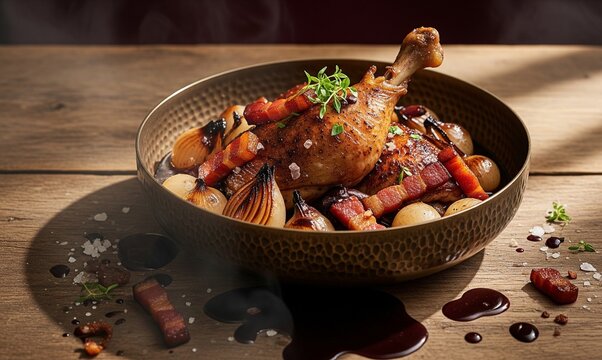Roasted duck leg confit with bacon and onions served in a bowl on rustic wood table - Powered by Adobe