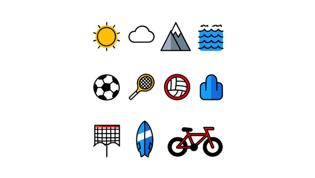 Collection of outdoor activities and sports equipment icons including sun, bike, and surfboard vector