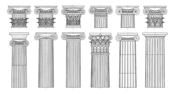 Illustration depicting various styles of classical architectural columns and their capitals in detailed drawings