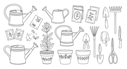 Illustration showing various gardening tools including watering cans seed packets and gardening equipment items