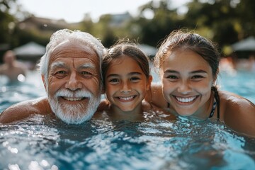 Multi-generational family enjoying swimming in a backyard pool during a summer holiday, celebrating family time and outdoor recreation, Generative AI
