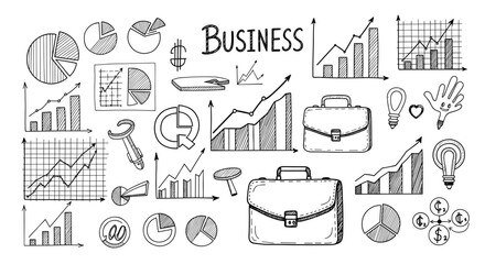 Hand drawn business doodles showing charts graphs and briefcases in black and white sketch illustration