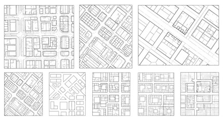 Collection of nine black and white city maps showing various urban layouts and street configurations displayed