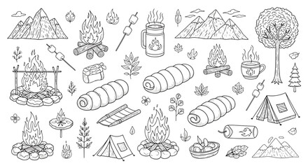 Illustration of camping elements including mountains, campfire, tent, and sleeping bags layout design